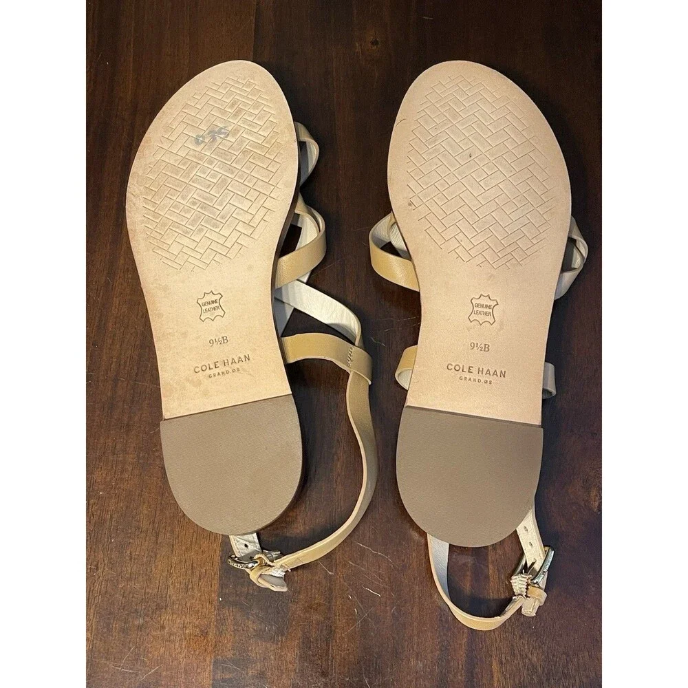 Cole Haan Women’s Beige Leather Strappy Ankle Strap Buckle Flat Sandals 9.5B